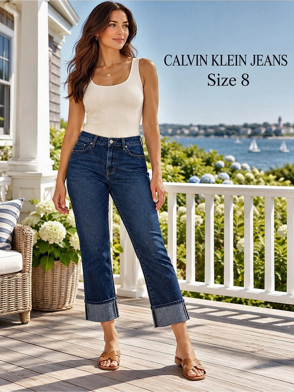 Calvin Klein Jeans Size 8 Dark Wash Lean Cuffed Cropped Stretch Denim